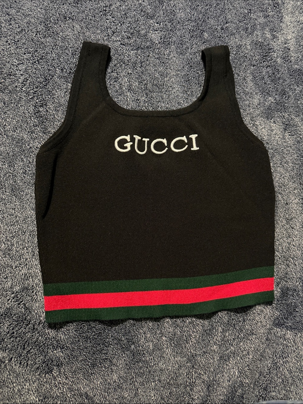 GG Inspo Black Logo Knit Tank Top with Red & Green Stripe
